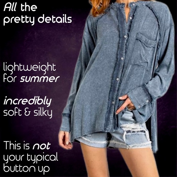 EASEL "Summer Breeze" Mineral Washed Frayed Seams Button Up Tunic Top Side Slits - Picture 9 of 15